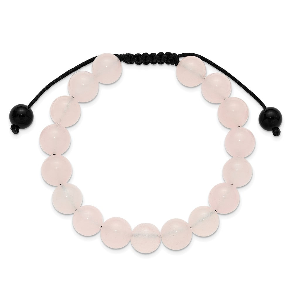 Rose Quartz and Onyx Beads on Black Polyester Cord Adjustable Bolo Bracelet BF3399