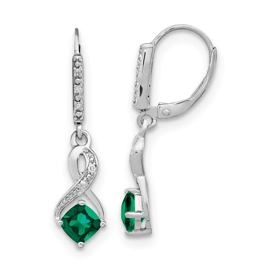 EM7402-CEM-006-SSA Sterling Silver Rhodium-plated Created Emerald and Diamond Earrings