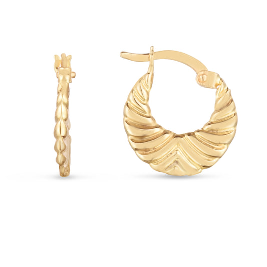 Yellow Gold Diamond Cut/ Textured Back To Back & Light Weight Hoop Earring