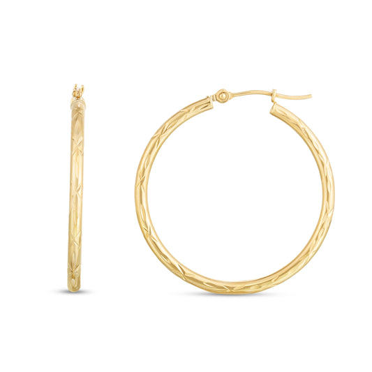 Yellow Gold Polished Diamond Cut Hoop Earring