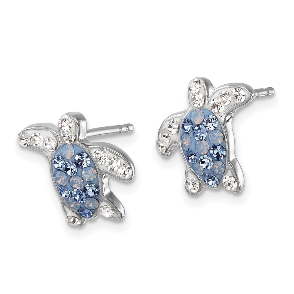 IE-016 Sterling Silver Rhodium-plated Polished Blue and White Crystal Turtle Post Earrings
