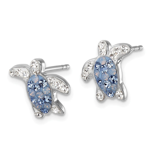 IE-016 Sterling Silver Rhodium-plated Polished Blue and White Crystal Turtle Post Earrings