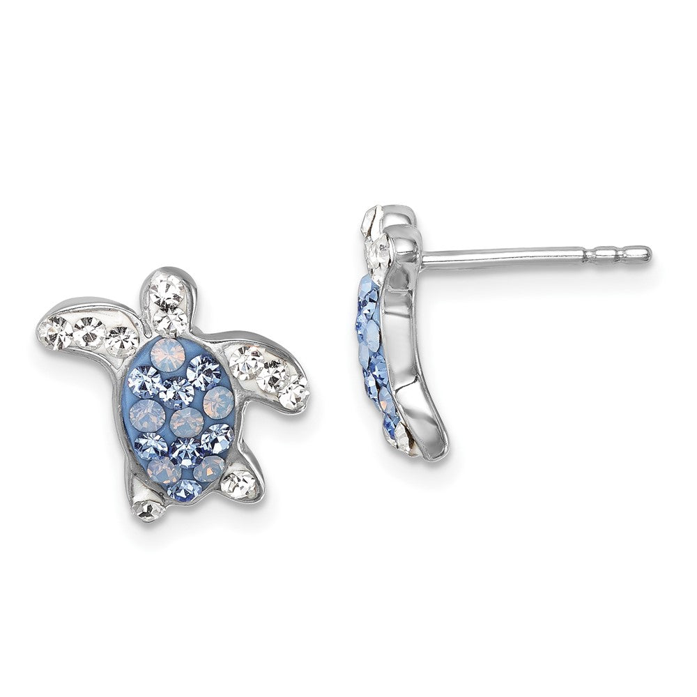 IE-016 Sterling Silver Rhodium-plated Polished Blue and White Crystal Turtle Post Earrings