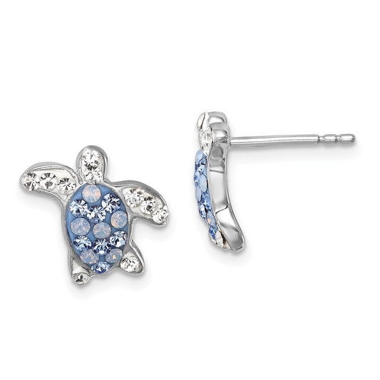 IE-016 Sterling Silver Rhodium-plated Polished Blue and White Crystal Turtle Post Earrings