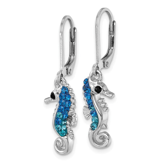 IE-097 Sterling Silver Rhodium-plated Polished Blue Crystal Seahorse Dangle Earrings