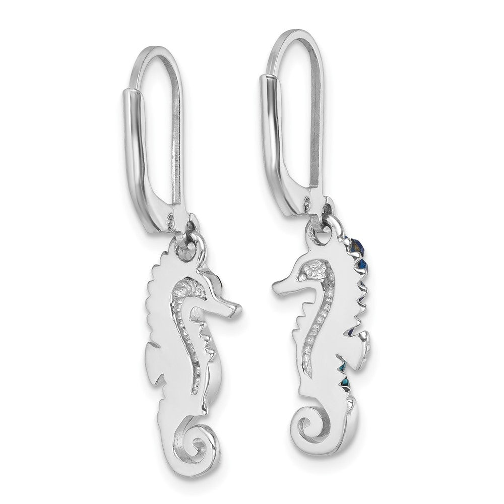 IE-097 Sterling Silver Rhodium-plated Polished Blue Crystal Seahorse Dangle Earrings