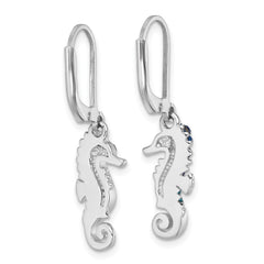 IE-097 Sterling Silver Rhodium-plated Polished Blue Crystal Seahorse Dangle Earrings