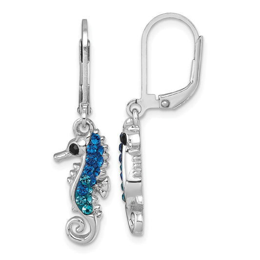 IE-097 Sterling Silver Rhodium-plated Polished Blue Crystal Seahorse Dangle Earrings