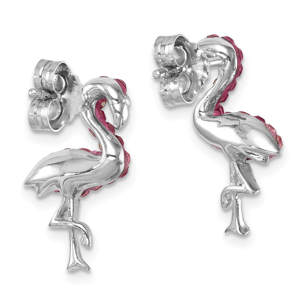 IE-121 Sterling Silver Rhodium-plated Polished Pink Crystal Flamingo Post Earrings