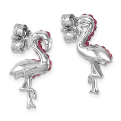 IE-121 Sterling Silver Rhodium-plated Polished Pink Crystal Flamingo Post Earrings