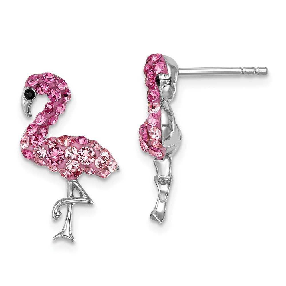 IE-121 Sterling Silver Rhodium-plated Polished Pink Crystal Flamingo Post Earrings