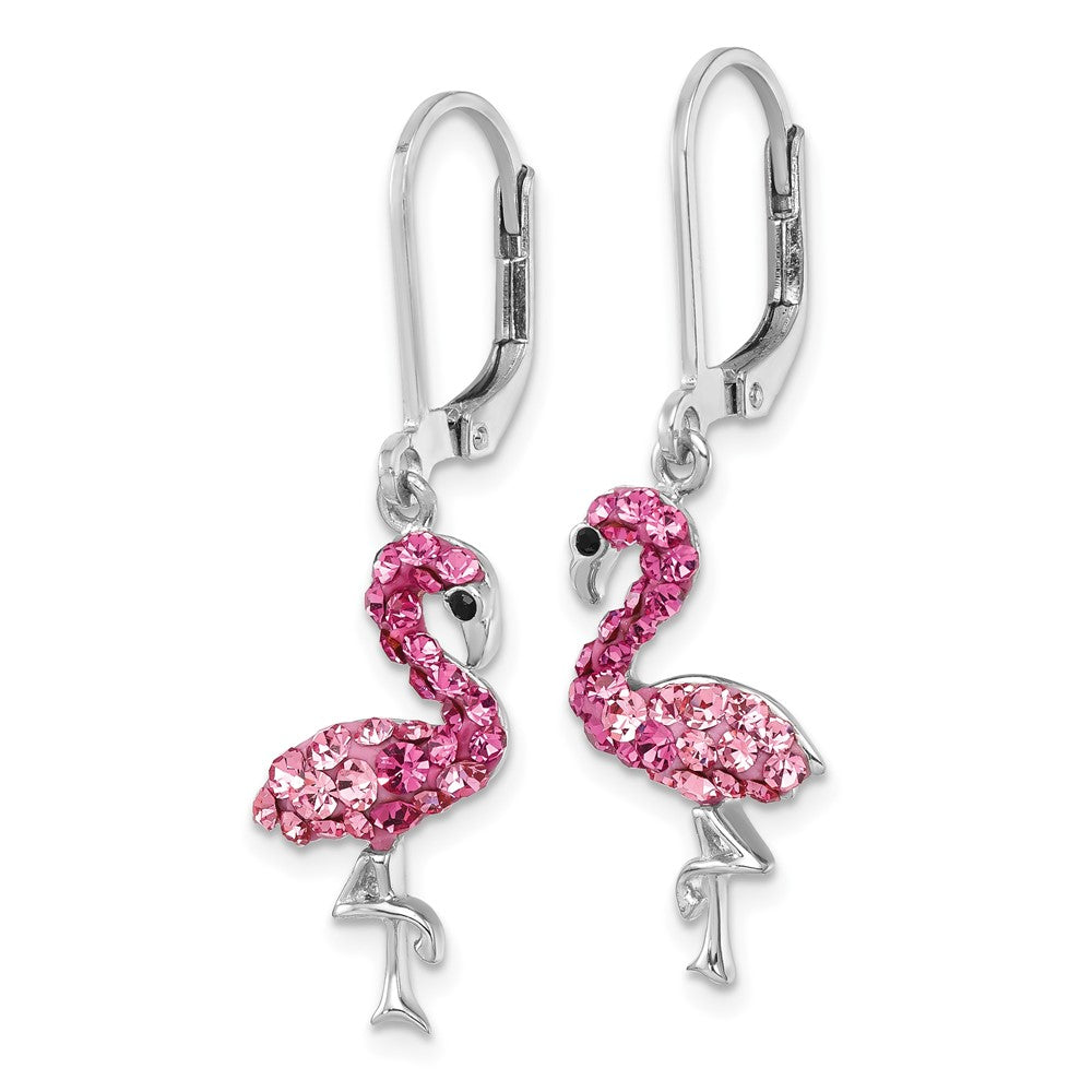IE-121L Sterling Silver Rhodium-plated Polished Pink Crystal Flamingo Leverback Earrings