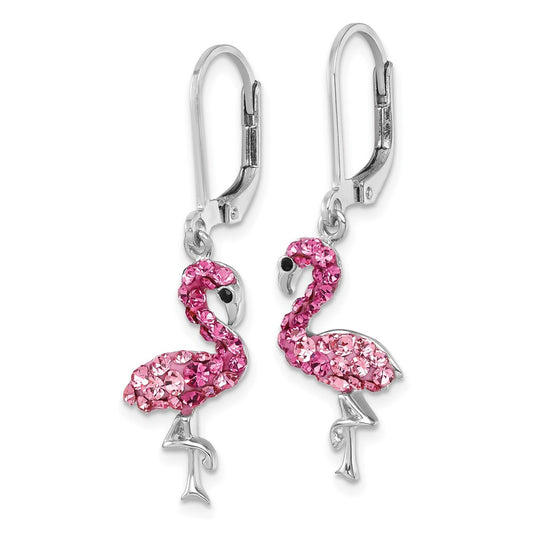 IE-121L Sterling Silver Rhodium-plated Polished Pink Crystal Flamingo Leverback Earrings