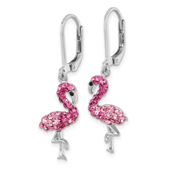 IE-121L Sterling Silver Rhodium-plated Polished Pink Crystal Flamingo Leverback Earrings