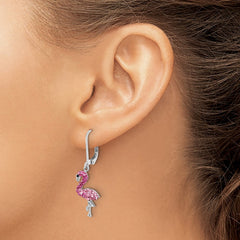 IE-121L Sterling Silver Rhodium-plated Polished Pink Crystal Flamingo Leverback Earrings