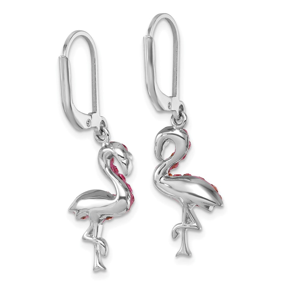 IE-121L Sterling Silver Rhodium-plated Polished Pink Crystal Flamingo Leverback Earrings
