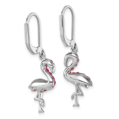 IE-121L Sterling Silver Rhodium-plated Polished Pink Crystal Flamingo Leverback Earrings