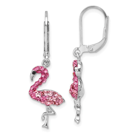 IE-121L Sterling Silver Rhodium-plated Polished Pink Crystal Flamingo Leverback Earrings
