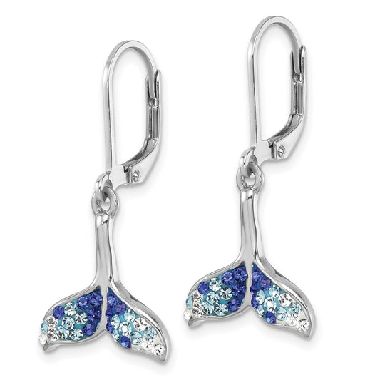 IE-184 Sterling Silver Rhodium-Plated Polished Blue and White Crystal Whale Tail Dangle Leverback Earrings