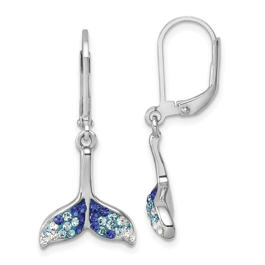 IE-184 Sterling Silver Rhodium-Plated Polished Blue and White Crystal Whale Tail Dangle Leverback Earrings