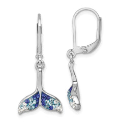 IE-184 Sterling Silver Rhodium-Plated Polished Blue and White Crystal Whale Tail Dangle Leverback Earrings