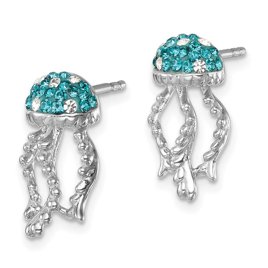 IE-185 Sterling Silver Rhodium-plated Polished Blue and White Crystal Jellyfish Post Earrings