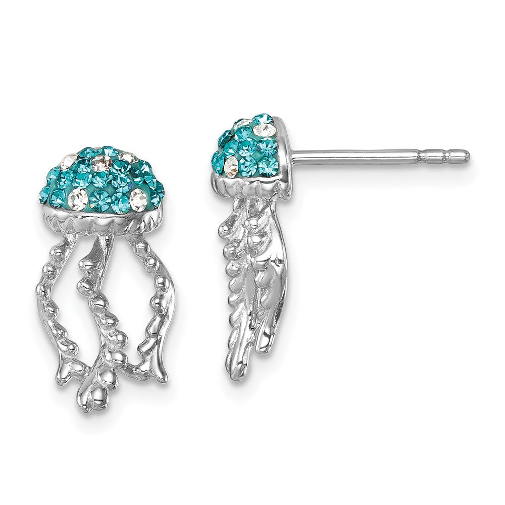 IE-185 Sterling Silver Rhodium-plated Polished Blue and White Crystal Jellyfish Post Earrings