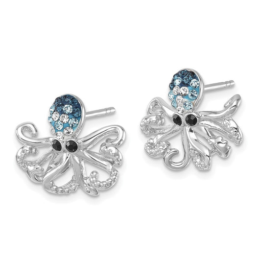 IE-186 Sterling Silver Rhodium-plated Polished Blue and White Crystal Octopus Post Earrings