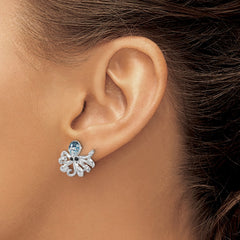 IE-186 Sterling Silver Rhodium-plated Polished Blue and White Crystal Octopus Post Earrings