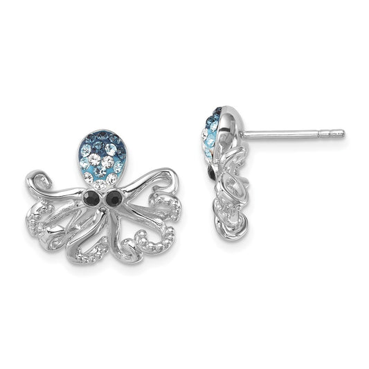 IE-186 Sterling Silver Rhodium-plated Polished Blue and White Crystal Octopus Post Earrings