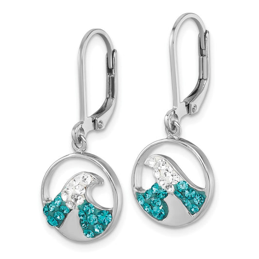 IE-188 Sterling Silver Rhodium-Plated Polished Crystal Whitecap Wave Dangle Leverback Earrings