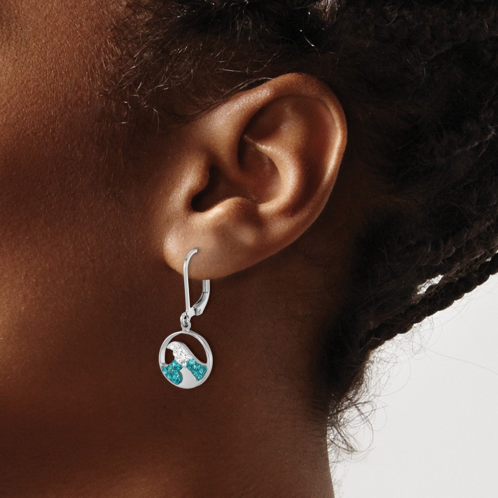 IE-188 Sterling Silver Rhodium-Plated Polished Crystal Whitecap Wave Dangle Leverback Earrings