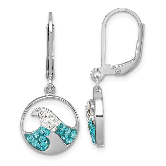 IE-188 Sterling Silver Rhodium-Plated Polished Crystal Whitecap Wave Dangle Leverback Earrings