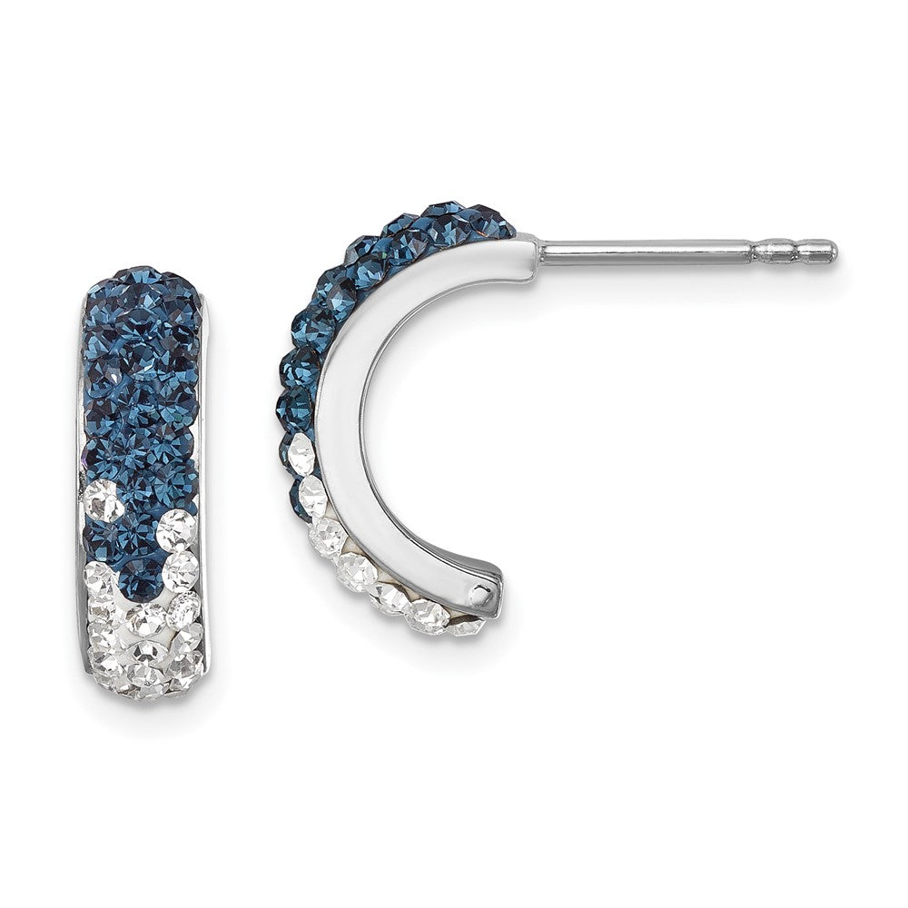 IE-191 Sterling Silver Rhodium-Plated Polished Blue and White Crystal J-Hoop Earrings
