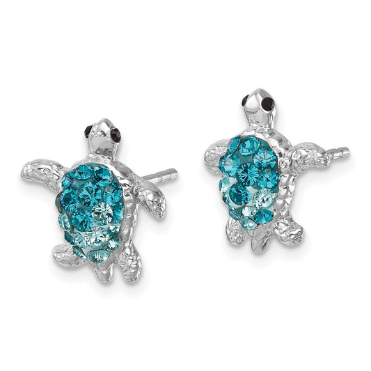 IE-201 Sterling Silver Rhodium-plated Polished Blue Crystal Turtle Post Earrings
