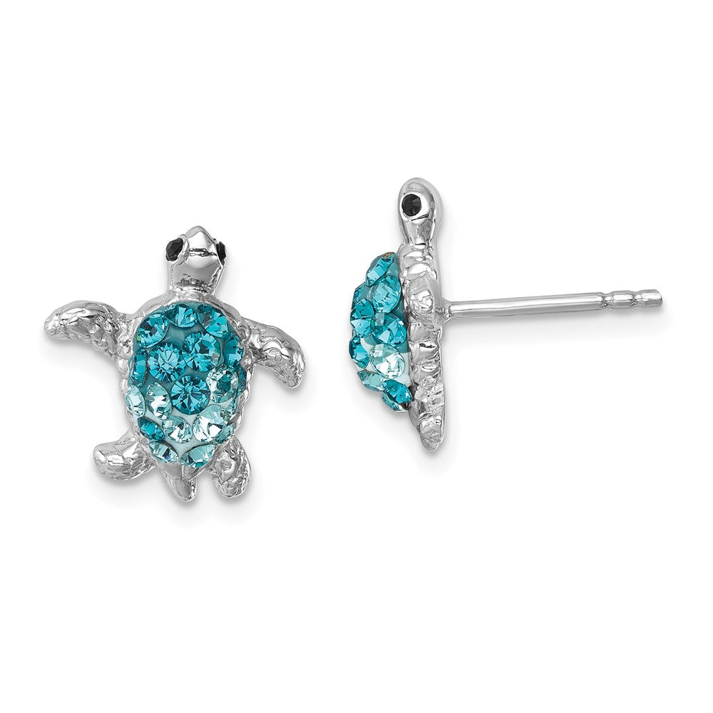 IE-201 Sterling Silver Rhodium-plated Polished Blue Crystal Turtle Post Earrings