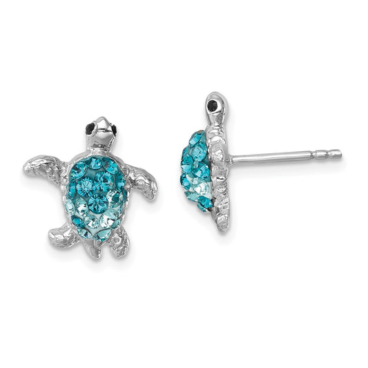 IE-201 Sterling Silver Rhodium-plated Polished Blue Crystal Turtle Post Earrings