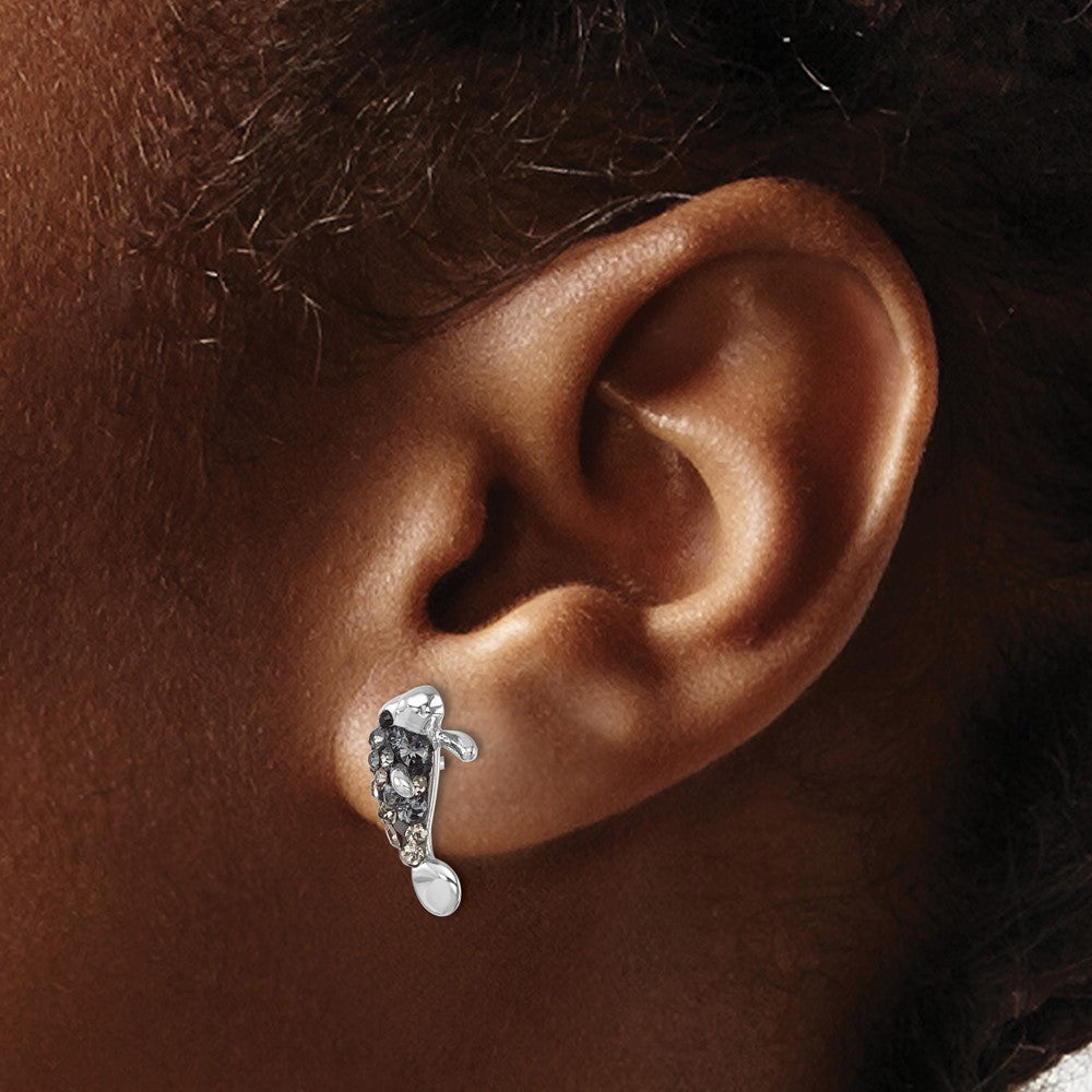 IE-212 Sterling Silver Rhodium-plated Polished Grey Crystal Manatee Post Earrings