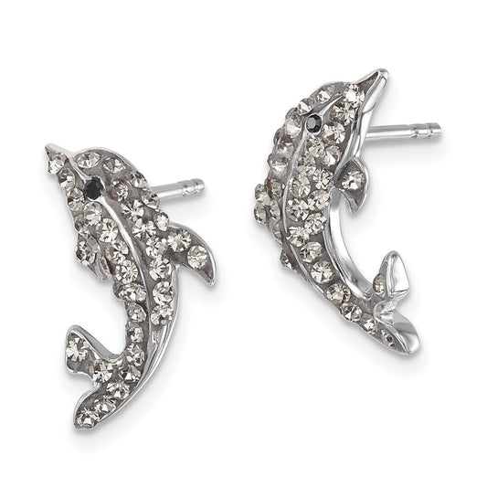 IE-231 Sterling Silver Rhodium-plated Polished Pale Blue Crystal Dolphin Post Earrings