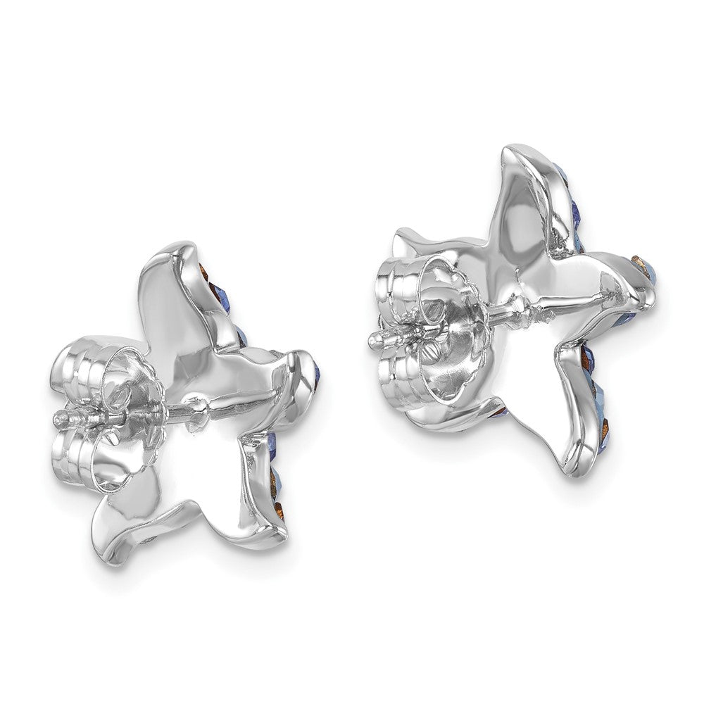 IE-316 Sterling Silver Rhodium-plated Polished Blue Crystal Starfish Post Earrings