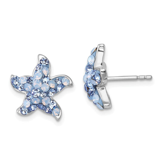 IE-316 Sterling Silver Rhodium-plated Polished Blue Crystal Starfish Post Earrings