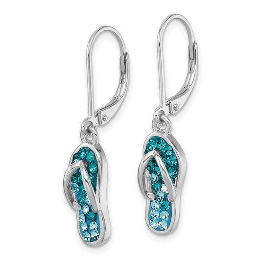 IE-971 Sterling Silver Rhodium-plated Polished Blue and White Crystal Flip Flop Dangle Leverback Earrings