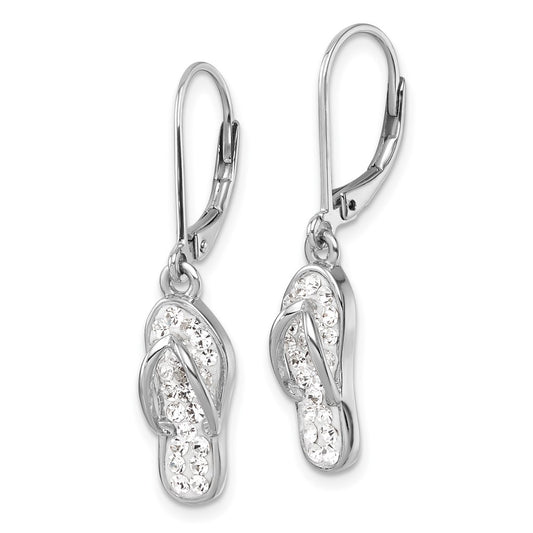 IE-971W Sterling Silver Rhodium-plated Polished White Crystal Flip Flop Dangle Leverback Earrings