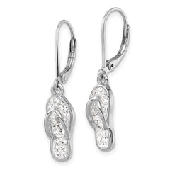 IE-971W Sterling Silver Rhodium-plated Polished White Crystal Flip Flop Dangle Leverback Earrings