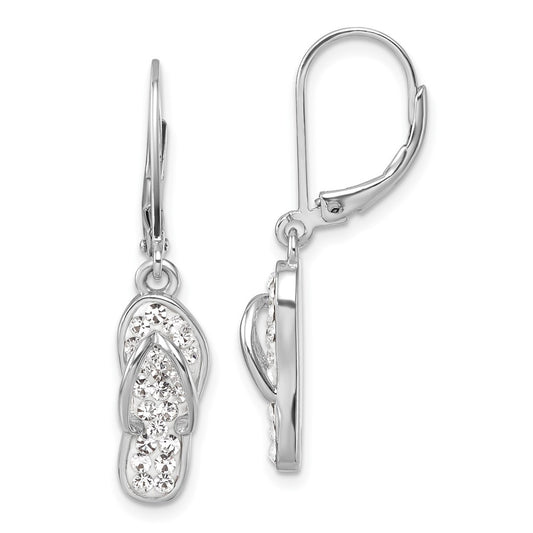 IE-971W Sterling Silver Rhodium-plated Polished White Crystal Flip Flop Dangle Leverback Earrings
