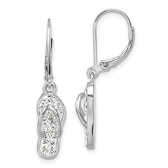IE-971W Sterling Silver Rhodium-plated Polished White Crystal Flip Flop Dangle Leverback Earrings
