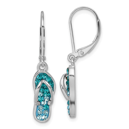 IE-971 Sterling Silver Rhodium-plated Polished Blue and White Crystal Flip Flop Dangle Leverback Earrings