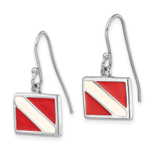 LE-033 Sterling Silver Rhodium-plated Polished Enameled Dive Flag Dangle Earring
