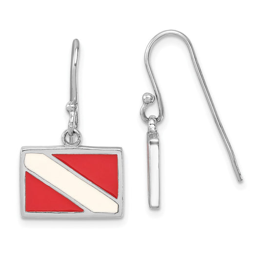 LE-033 Sterling Silver Rhodium-plated Polished Enameled Dive Flag Dangle Earring
