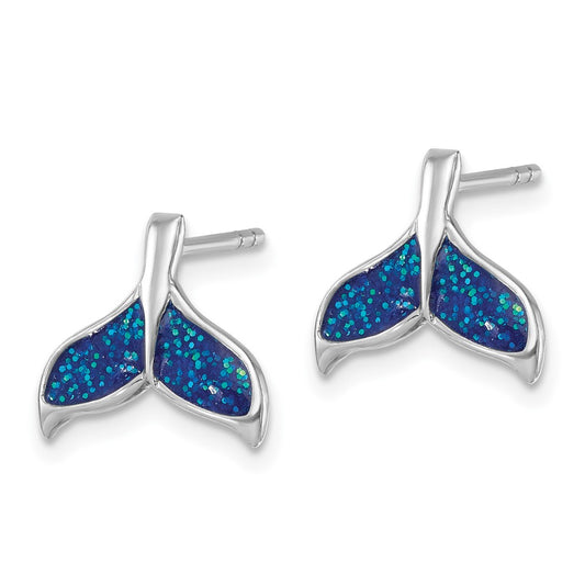 LE-036 Sterling Silver Rhodium-plated Polished Enameled Whale's Tail Dangle Earrings